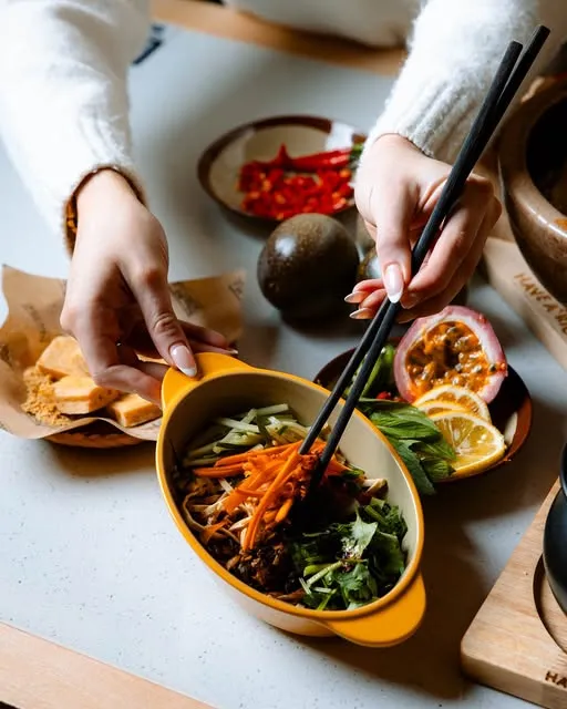 Mixing a fresh RisoRiso bowl with chopsticks